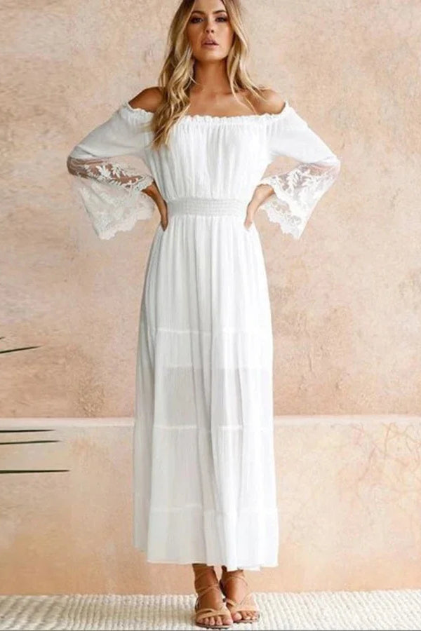 Schulterfreies Kleid mit Trompetenärmeln und ausgestelltem Schnitt