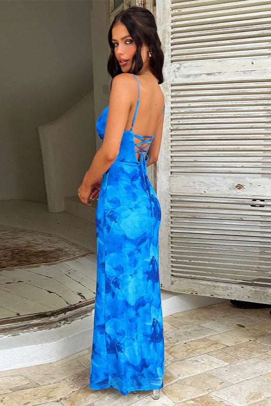 Ärmelloses Maxikleid mit Blumenmuster in Blau