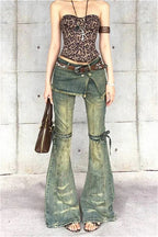 Bootcut-Jeans mit hoher Taille im Used-Look in Blau