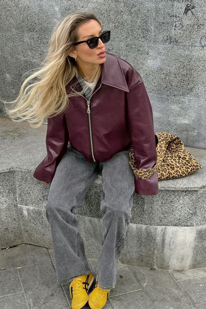 Jacke mit Leder in Bordeaux