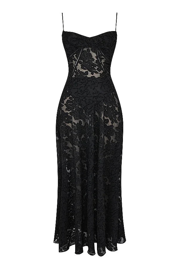 Damen Maxikleid mit Blumenapplikationen und Spaghettiträgern