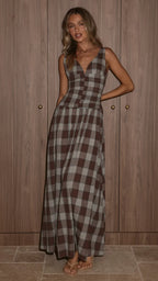 Damen Maxikleid mit Karomuster und V-Ausschnitt
