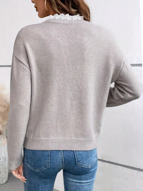 Damen V-Ausschnitt Pullover mit Spitze