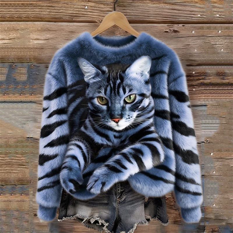 Gemütlicher Plüsch-Pullover mit einem Tiger- und Tabby-Kätzchen-Design