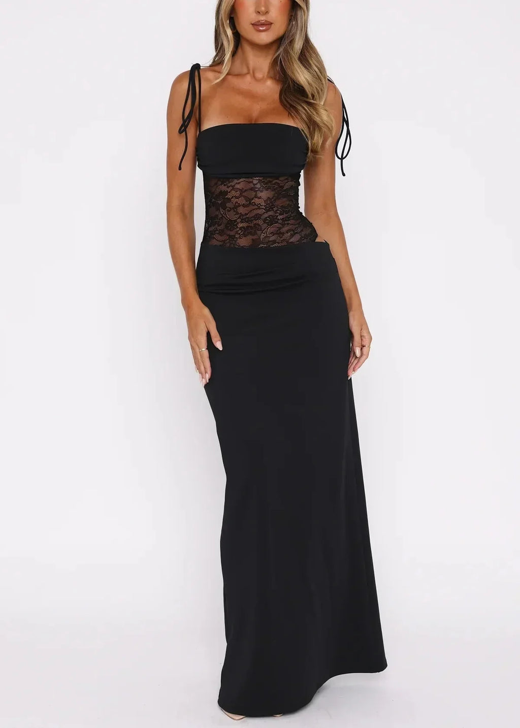 Damen Maxikleid mit Spitzen-Corsage und Spaghettiträgern