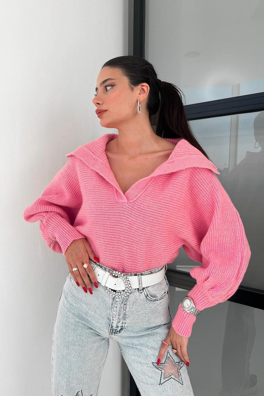 Pullover mit Laternenärmeln und Strickstruktur