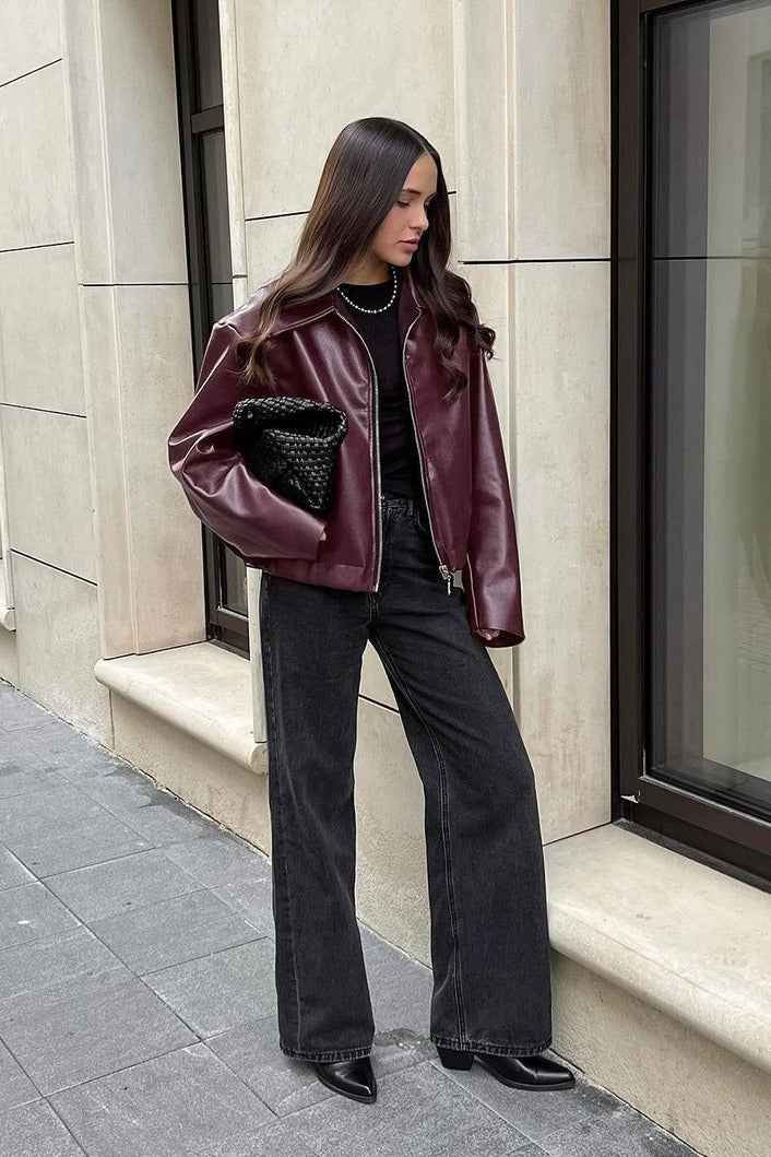 Jacke mit Leder in Bordeaux