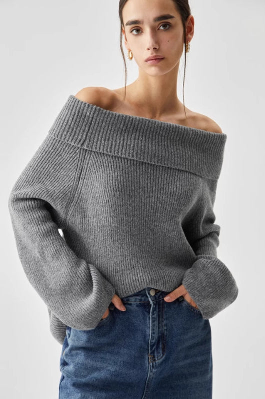 Schulterfreier Pullover mit Strickstruktur in Grau