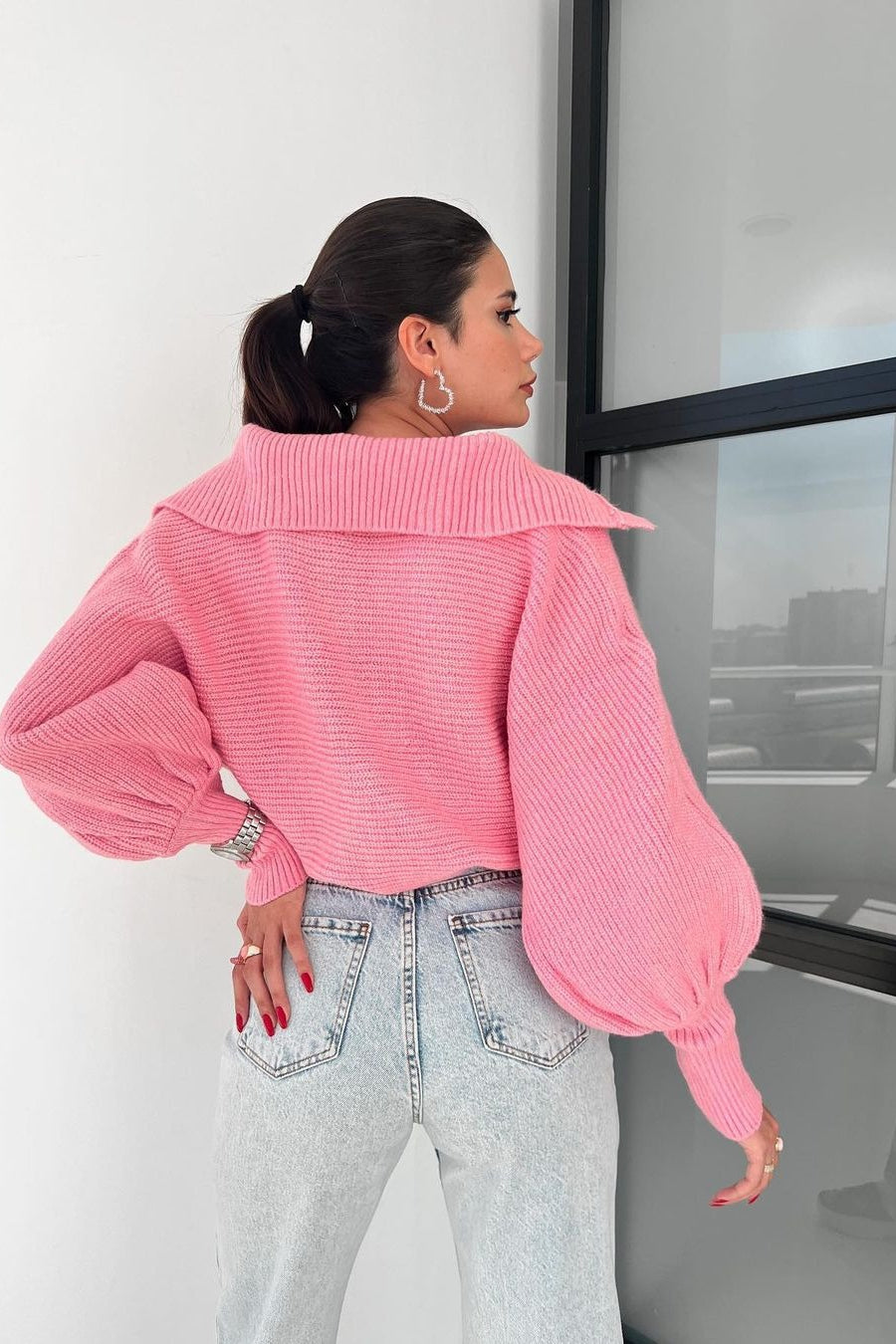 Pullover mit Laternenärmeln und Strickstruktur