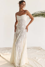 Damen Maxikleid mit Blumenapplikationen und Spaghettiträgern