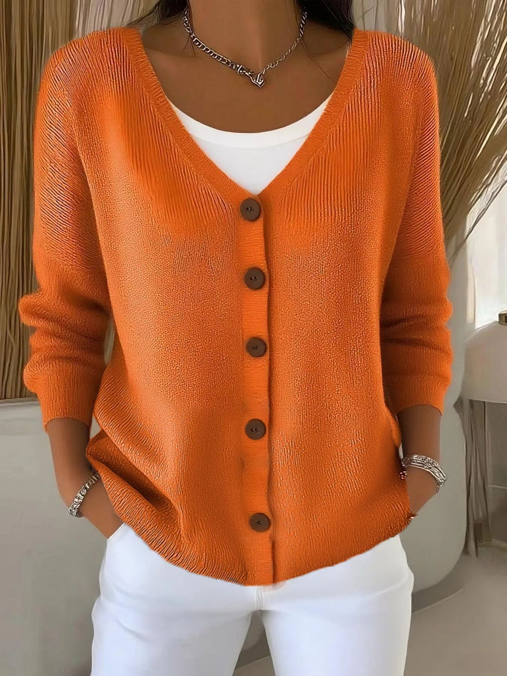 Langarm V-Ausschnitt Knopf Pullover