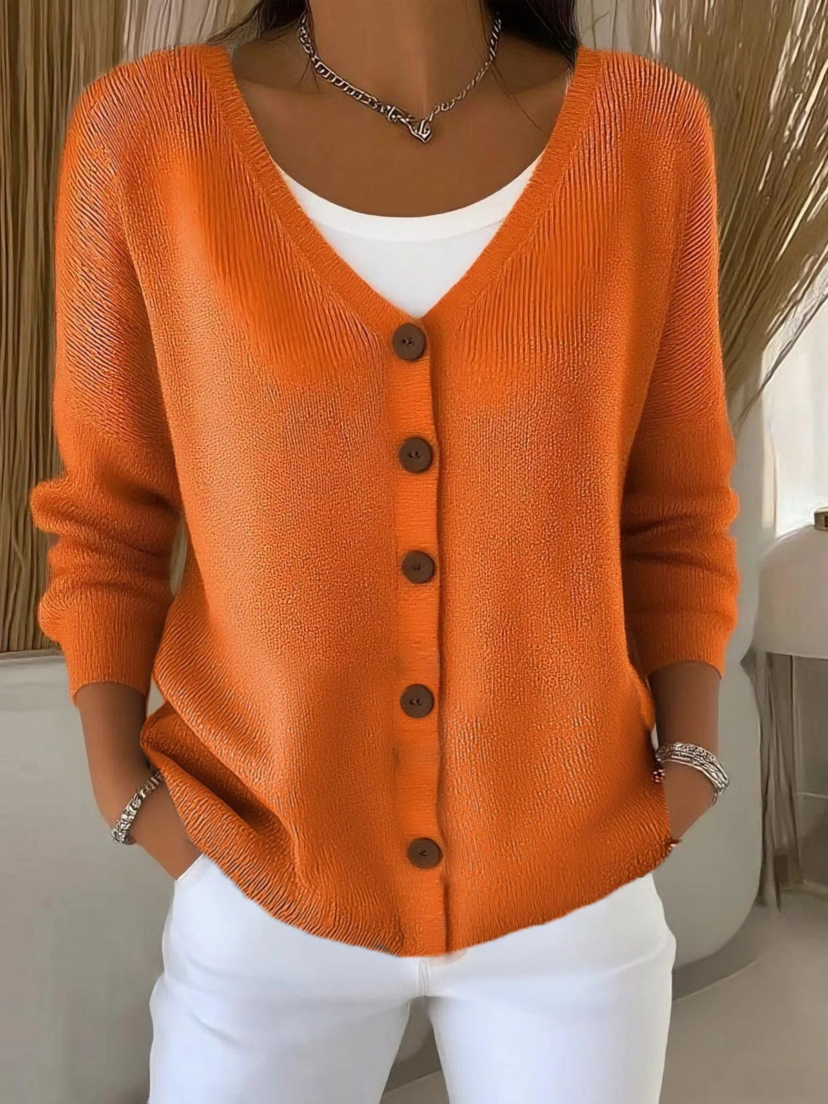 Langarm V-Ausschnitt Knopf Pullover