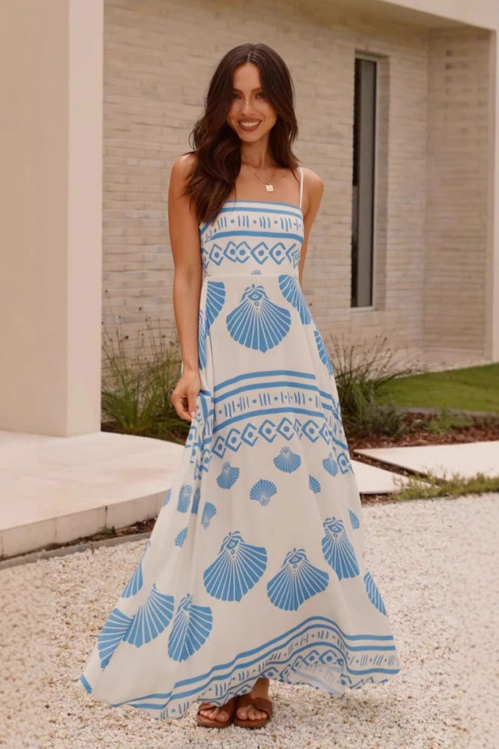Maxikleid mit hoher Taille und Druck in Blau