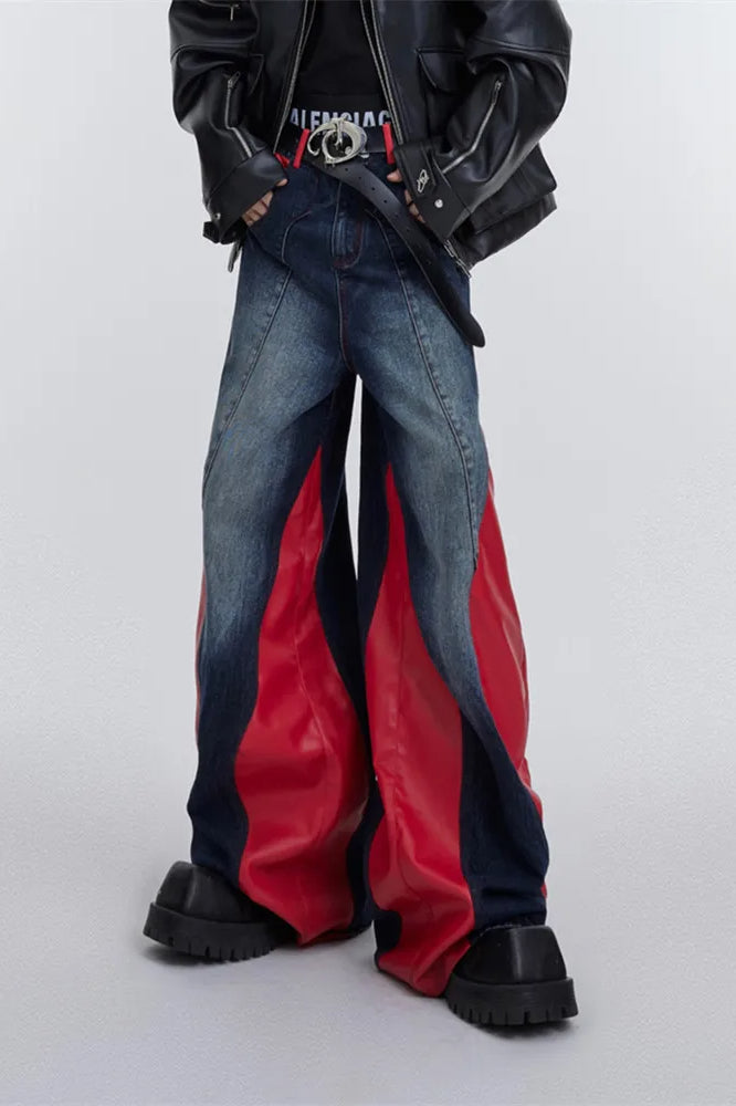 Jeans mit weitem Bein, Patchwork und Kunstleder