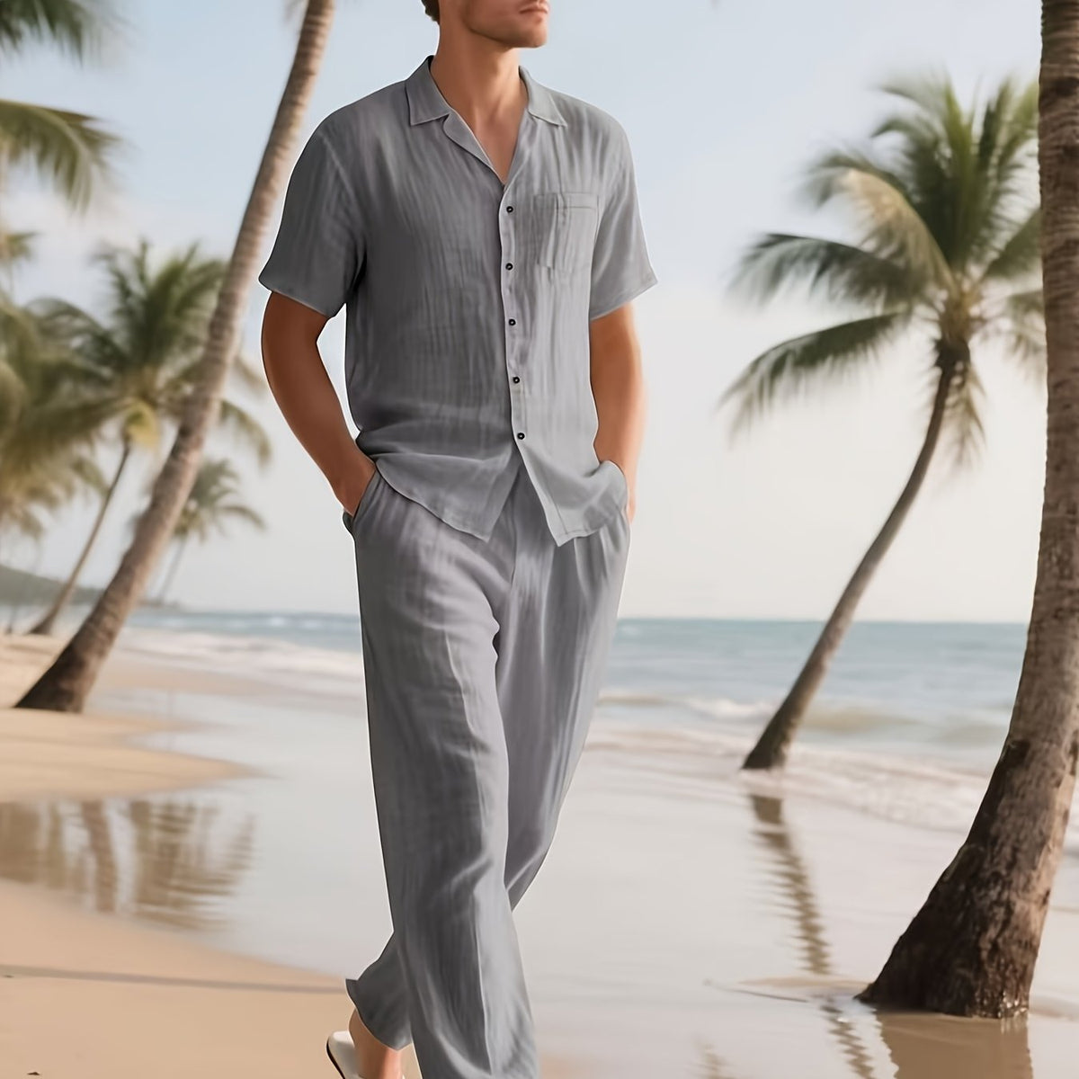Herren Lässig Leinen Set – Bequem und Luftig mit Langer Hose und Kurzen Ärmeln