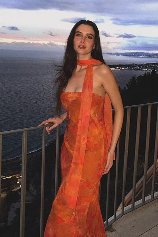 Trägerloses Maxikleid mit Bindedetail, Blumenmuster und Netzdetails in Orange