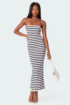 Strick-Maxikleid mit Beinschlitz und Streifen