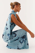 Maxikleid mit Bindedetail und Netzdetails in Blau