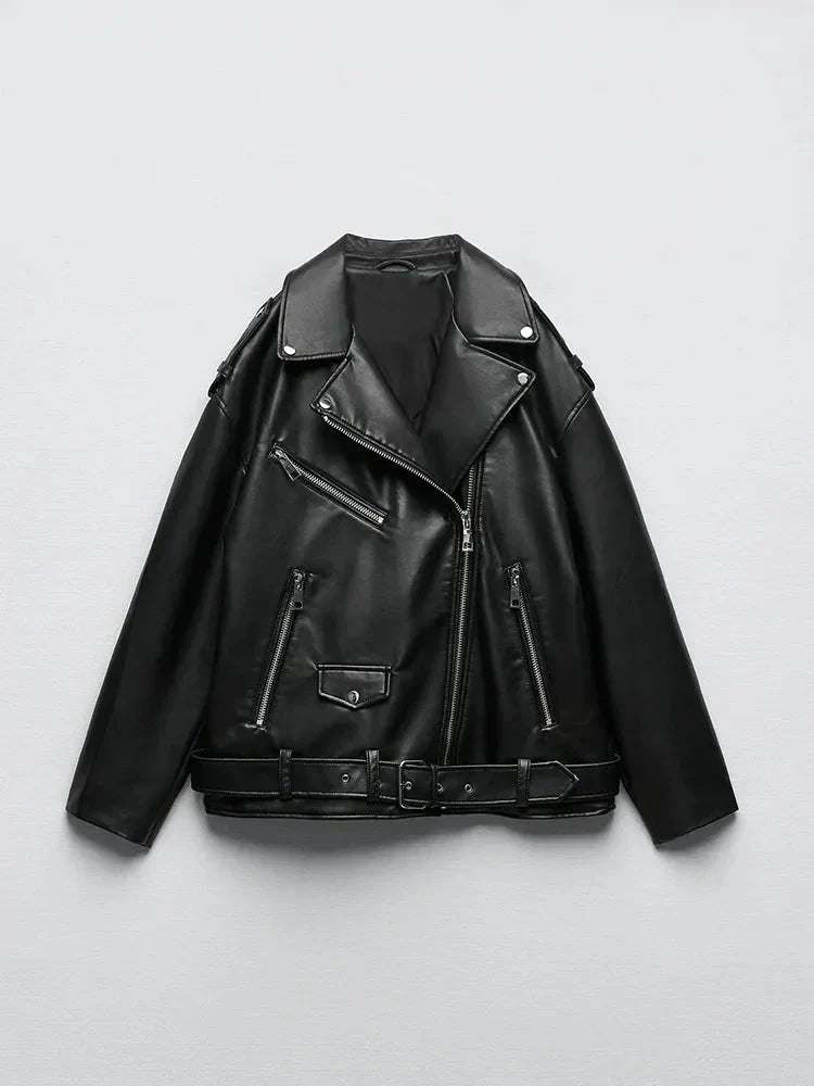 PU-Kunstlederjacke mit Gürtel und Reißverschluss