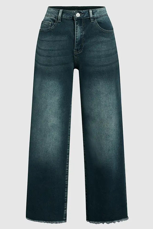 Mid-Rise Straight-Leg-Jeans mit ausgefranstem Saum und aufgesetzten Taschen