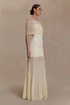 Caspian – Schulterfreies Maxikleid mit Mesh-Akzenten