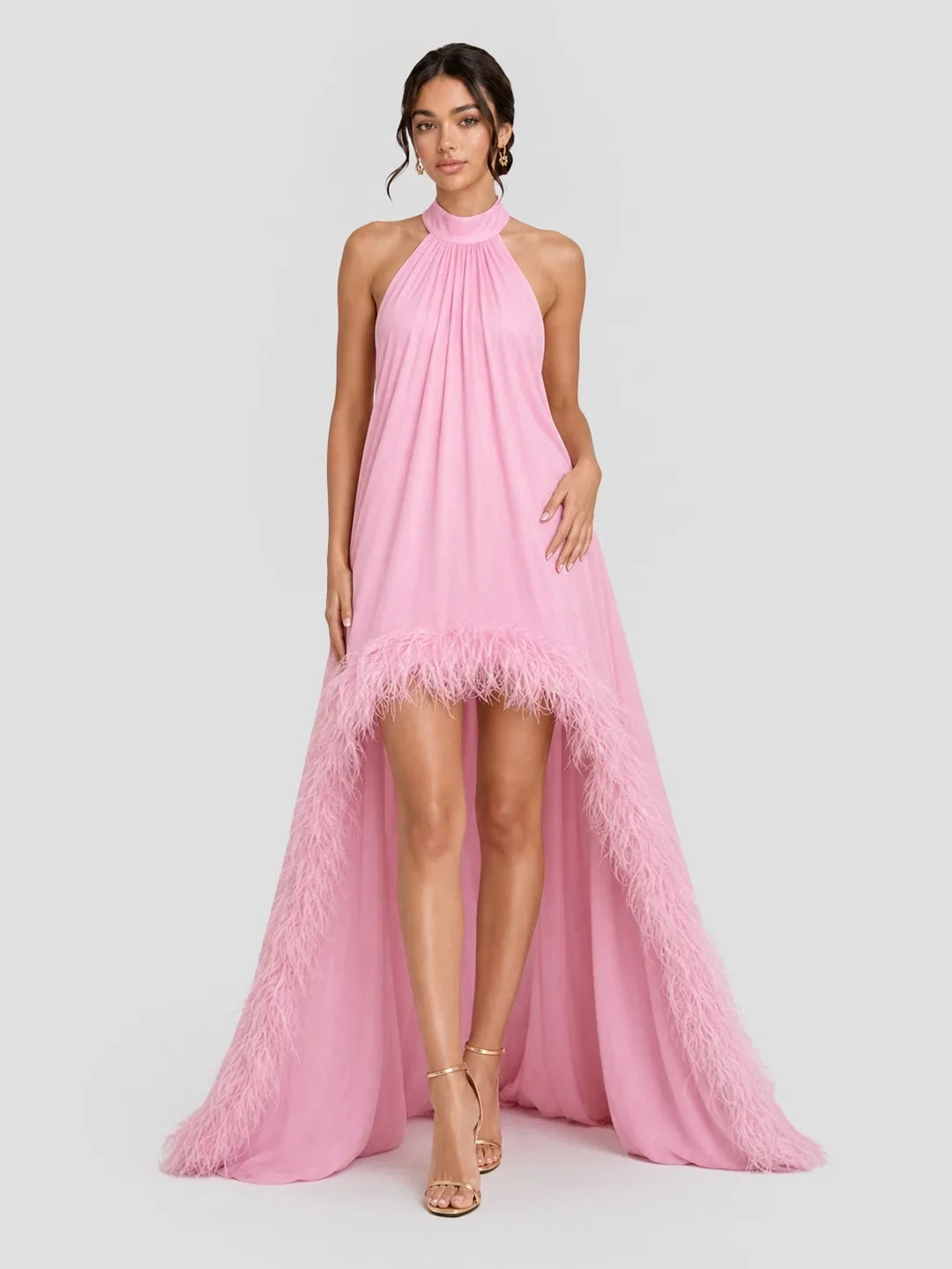 Feather – Chiffon-Maxikleid mit Neckholder und offenem Rücken
