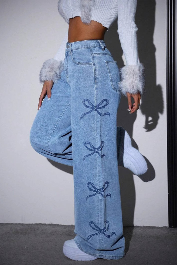 Jeans mit hoher Taille, Bindedetail und Schleifendetail