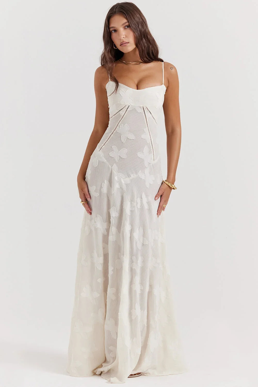 Damen Maxikleid mit Blumenapplikationen und Spaghettiträgern