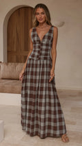 Damen Maxikleid mit Karomuster und V-Ausschnitt
