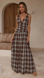 Damen Maxikleid mit Karomuster und V-Ausschnitt