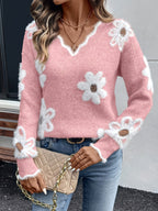 Eleganter V-Ausschnitt Blumen-Pullover
