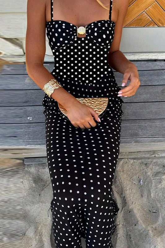 Rückenfreies Maxikleid mit Punktemuster und Spitze