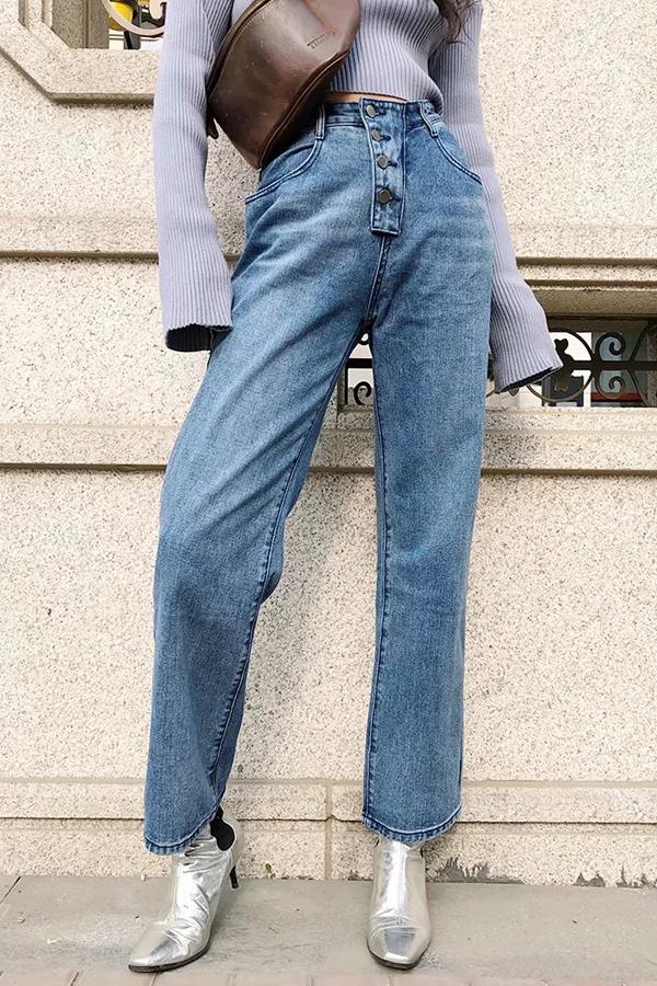High-Waist Straight-Leg-Jeans mit Knopfleiste