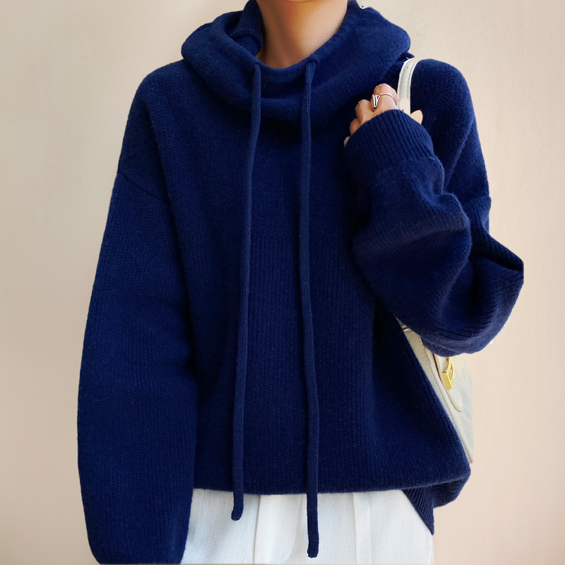 Damen Strickpullover mit weitem Rollkragen und Kordelzug