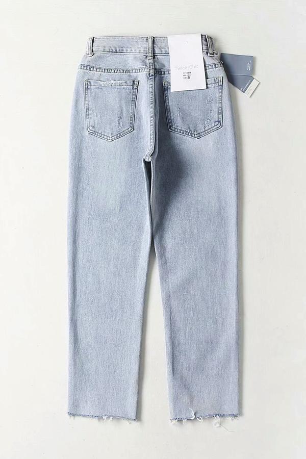 High-Waist Straight-Leg-Jeans mit ausgefranstem Saum – Hellblau