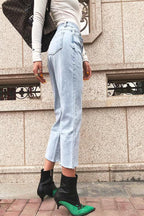 High-Waist Straight-Leg-Jeans mit ausgefranstem Saum – Hellblau