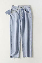 High-Waist Straight-Leg-Jeans mit ausgefranstem Saum – Hellblau