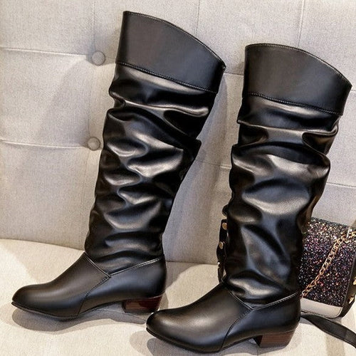 Damen Stiefel mit gerafftem Schaft und Blockabsatz